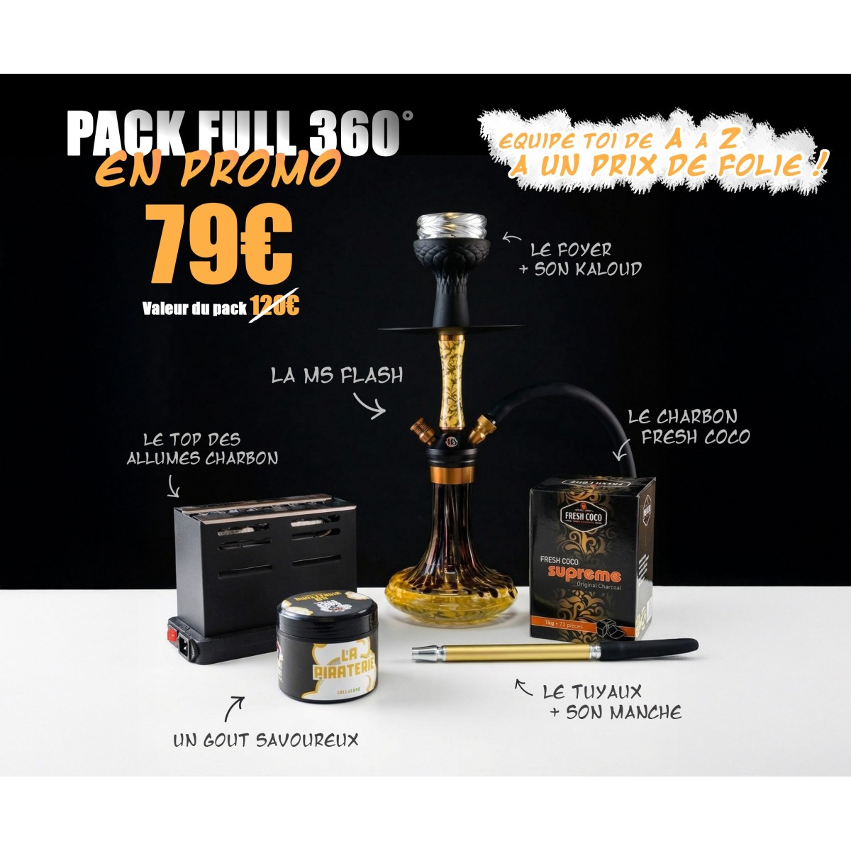 Pack Full 360° – Chicha tout équipé + Gunshot 200g + Allume-charbon