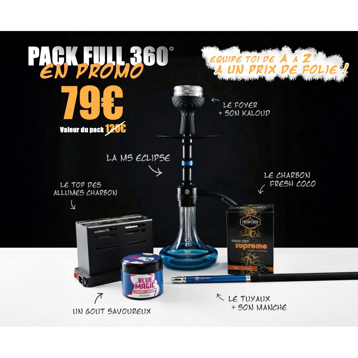 Pack Full 360° – Chicha tout équipé + Gunshot 200g + Allume-charbon