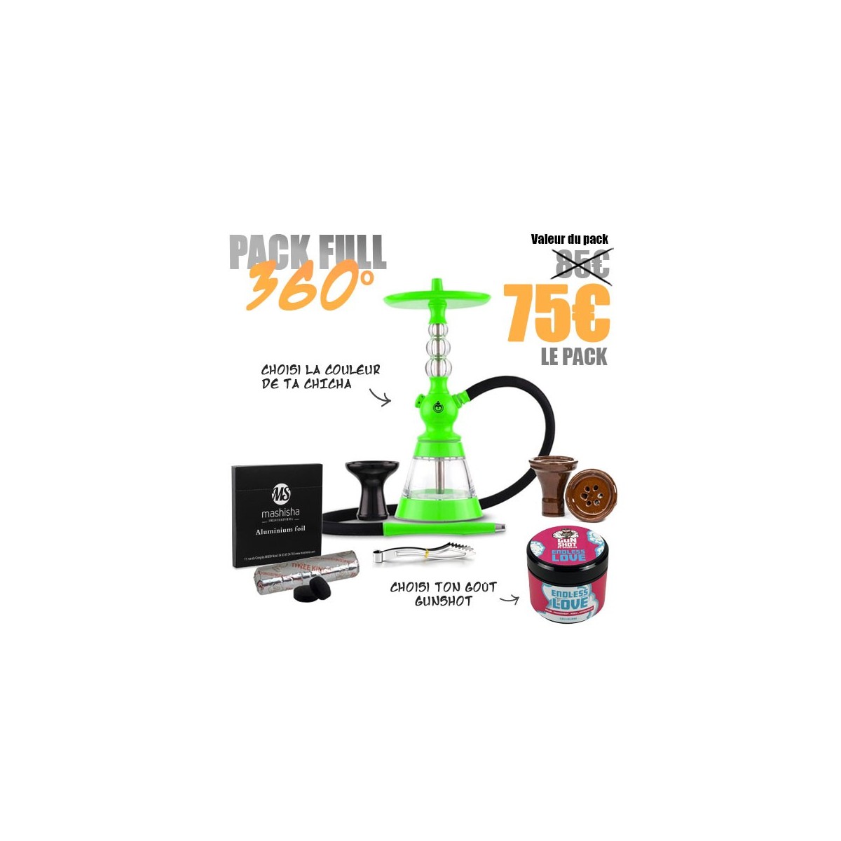 Pack Chicha Celeste El Badia + foyer + Aluminium + Charbon auto-allumant + Goût - Un pack tout inclus