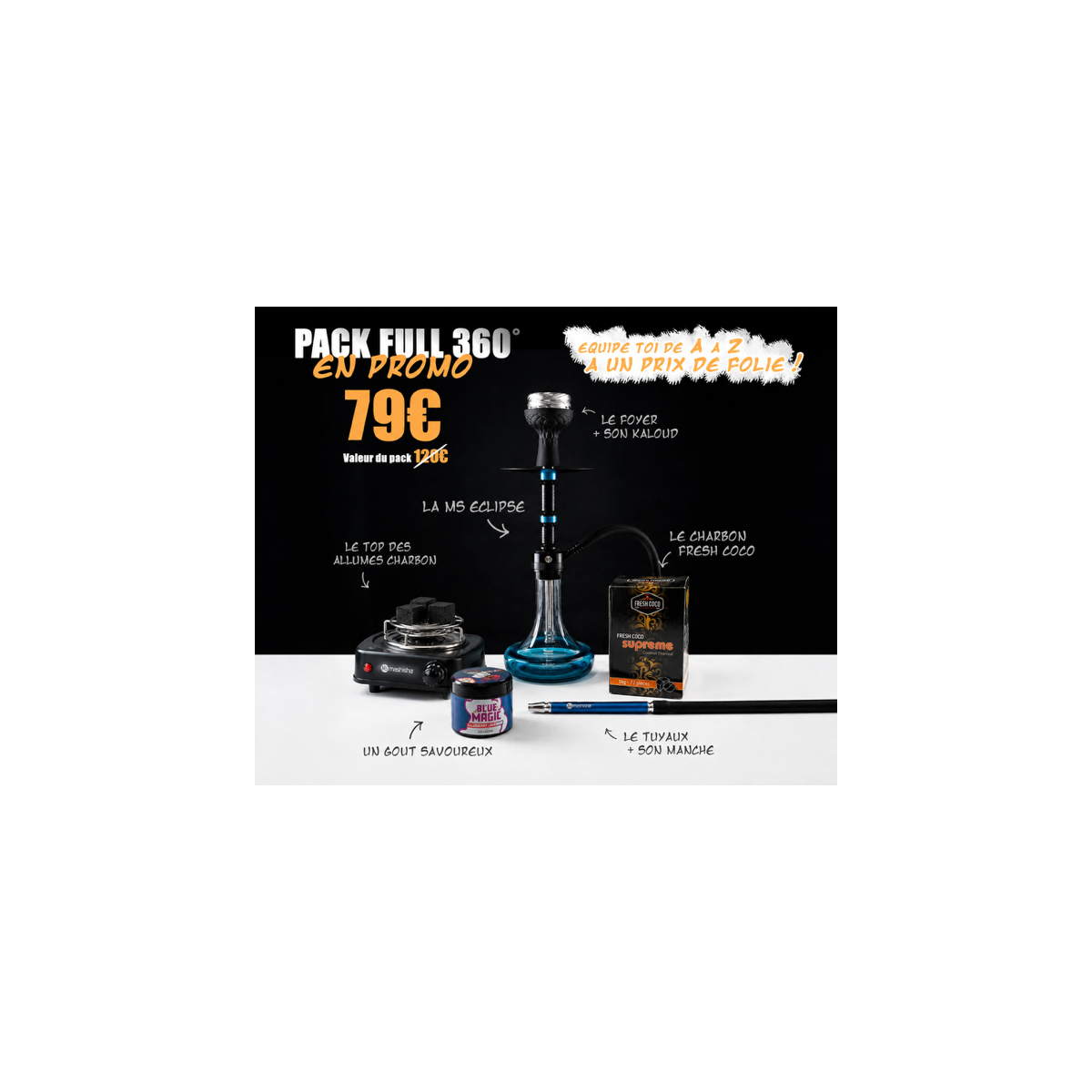 Pack Full 360° – Chicha tout équipé + Gunshot 200g + Allume-charbon