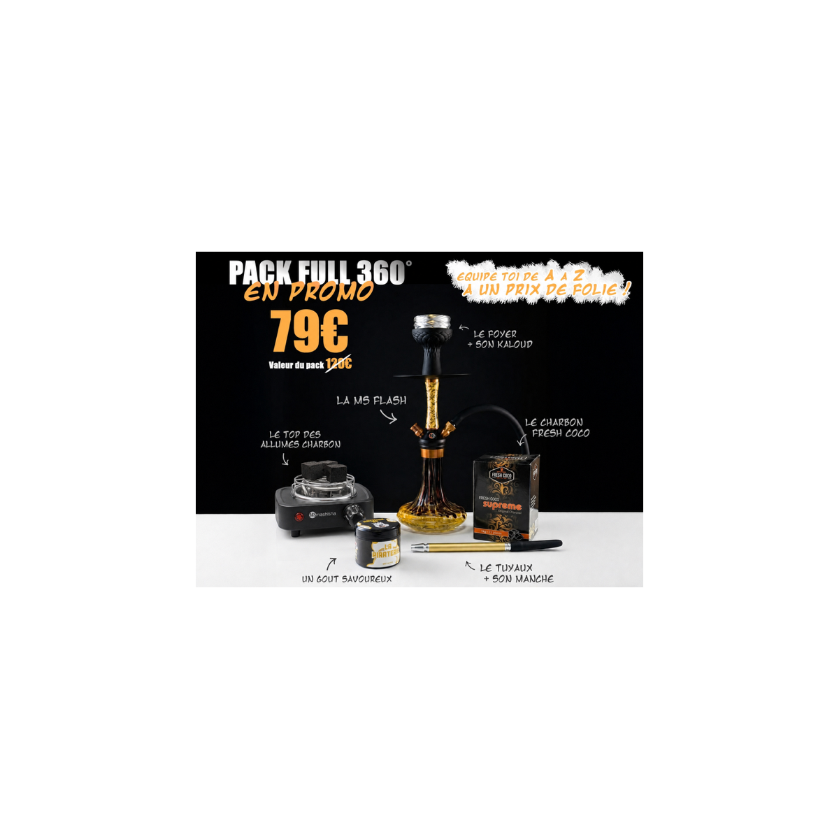 Pack Full 360° – Chicha tout équipé + Gunshot 200g + Allume-charbon