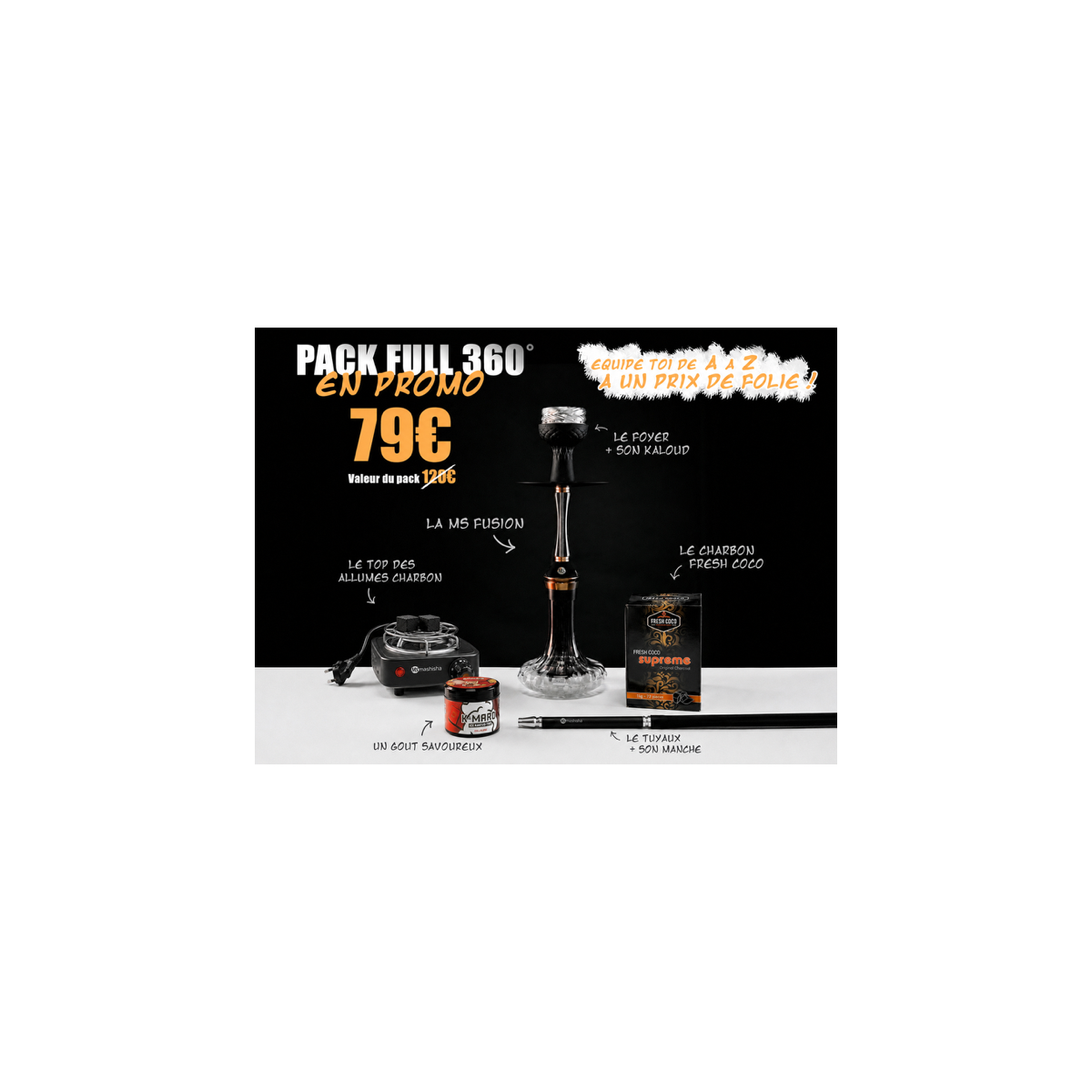 Pack Full 360° – Chicha tout équipé + Gunshot 200g + Allume-charbon