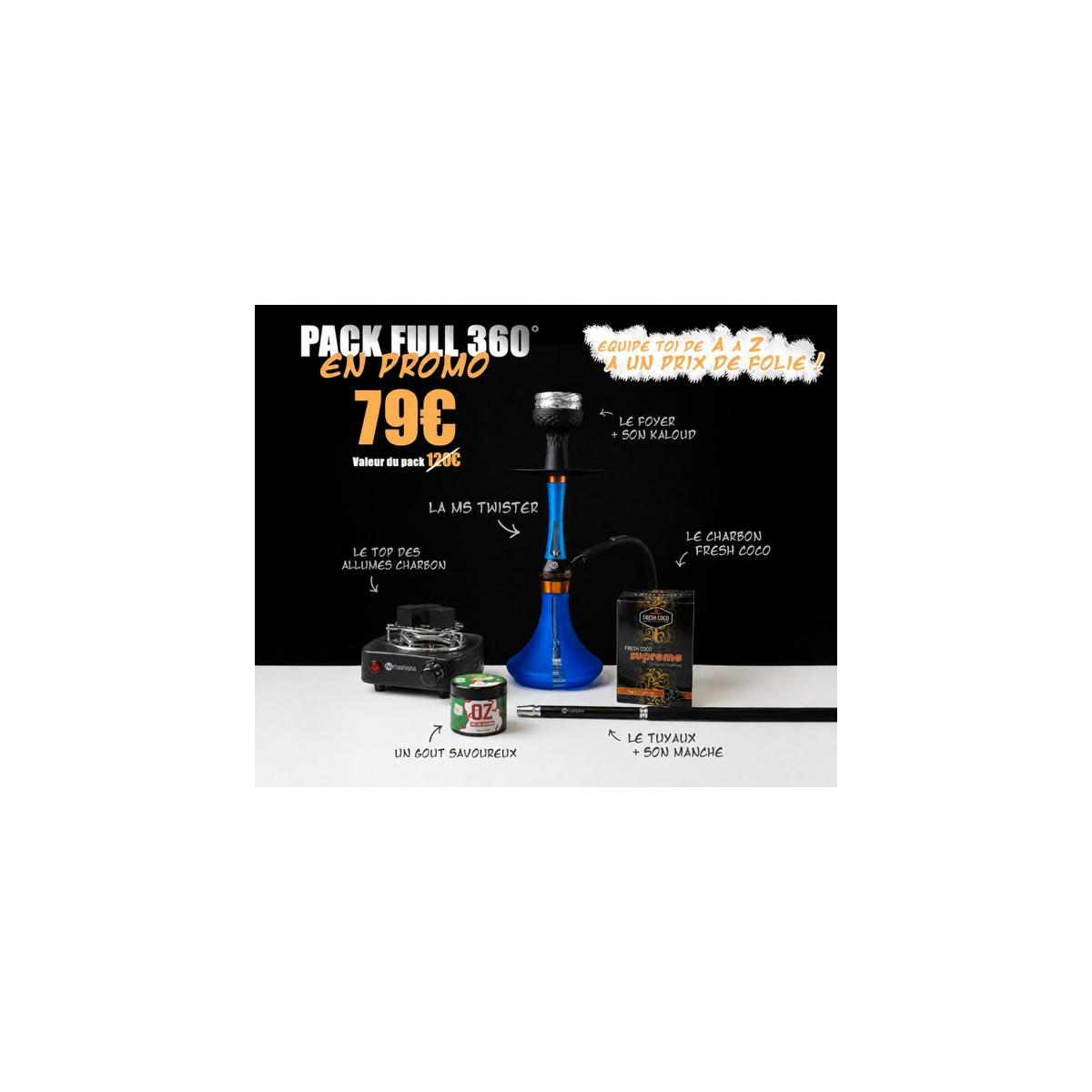 Pack Full 360° – Chicha tout équipé + Gunshot 200g + Allume-charbon