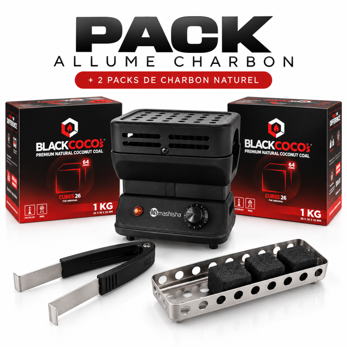 PACK Allume Charbon MS Mini cube Burner 1200W + BLACK COCOS 1KG 26mm